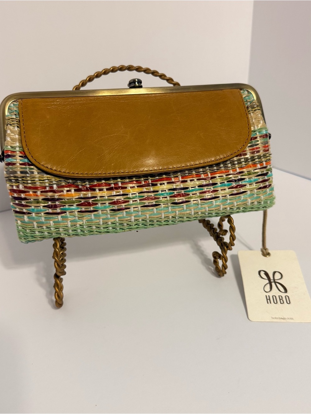 HOBO Multicolor Woven Clutch with Tan Leather Flap